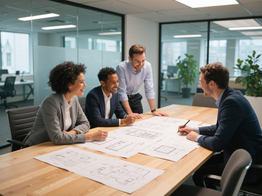 专业工业设计团队在现代化办公室工作，团队成员穿着正装，专注讨论产品设计图纸