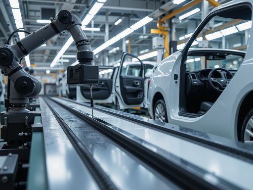 汽车零部件产品设计，流线型外观，金属质感，现代化生产线