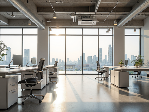 现代化工业设计办公室全景，宽敞明亮的开放式工作区域，配备专业设计设备，金属工业风格装修