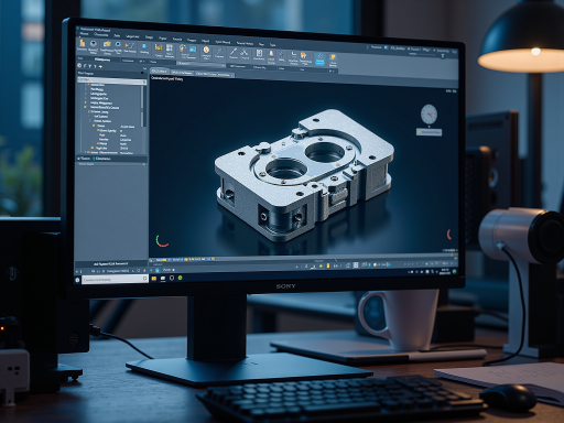 现代化工业设计工作室，工程师正在使用CAD软件进行产品设计，金属质感设备，专业照明